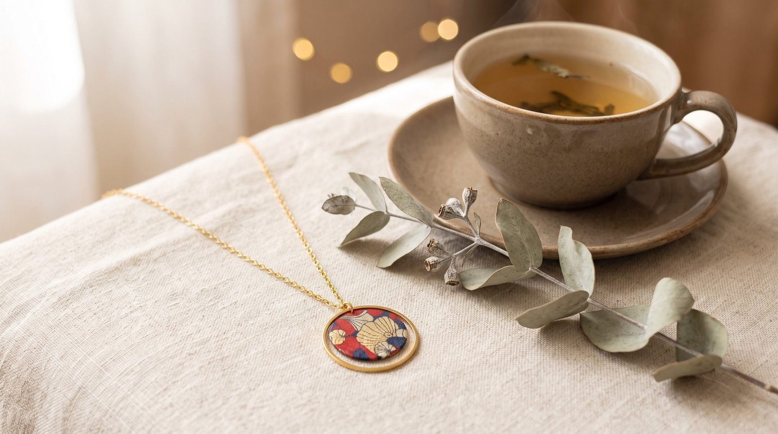 Collier ginkgo doré fait main posé sur du lin, idée cadeau pour belle-mère