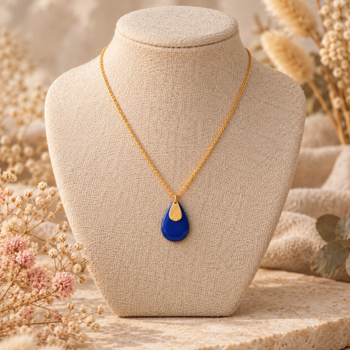 Collier goutte émaillée bleu roi et détail martelé doré sur chaîne dorée, assorti aux boucles d'oreilles bleues