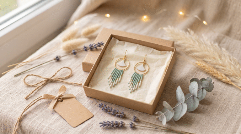 Boucles d'oreilles faites main dans une boîte en kraft, idée de cadeau Secret Santa à moins de 20 €