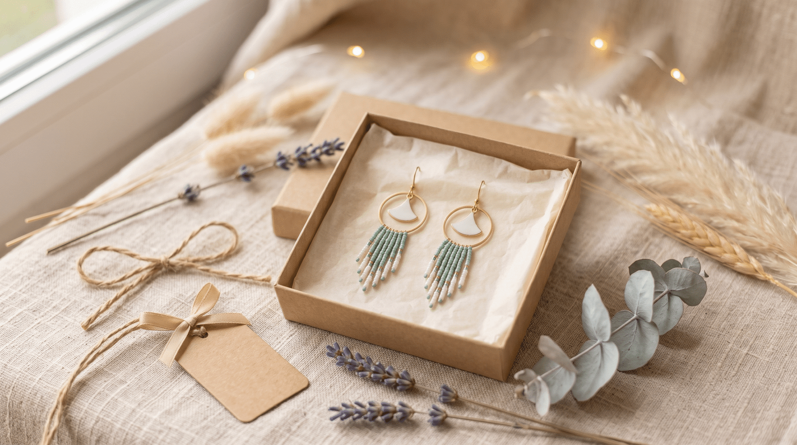 Boucles d'oreilles faites main dans une boîte en kraft, idée de cadeau Secret Santa à moins de 20 €