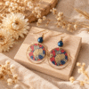 Boucles d'oreilles ginkgo rouge, sequin japonais et perle d'hématite bleue – parure ginkgo rouge