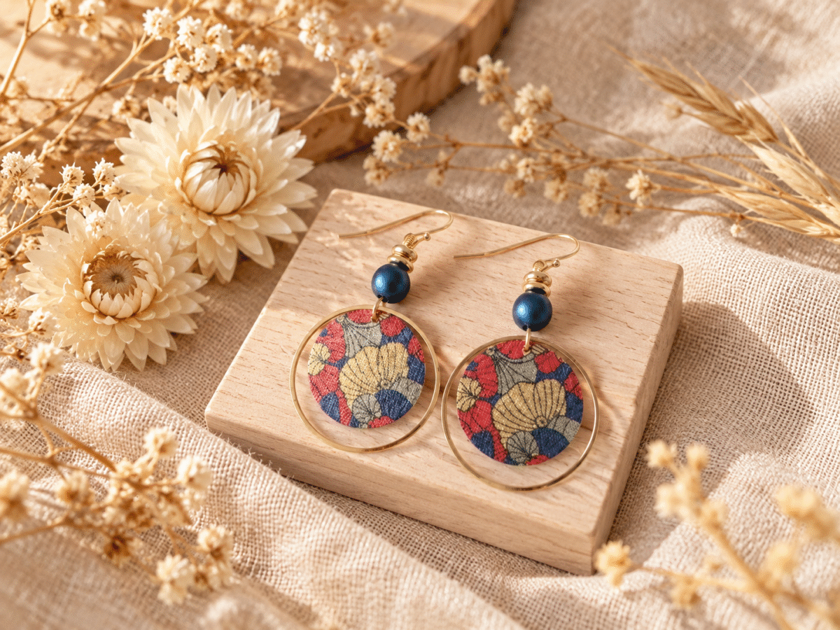 Boucles d'oreilles ginkgo rouge, sequin japonais et perle d'hématite bleue – parure ginkgo rouge