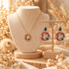 Parure ginkgo rouge et dorée : collier et boucles d'oreilles à sequin japonais rouge, bleu et or dans un cercle doré