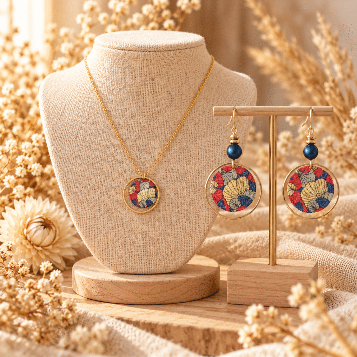 Parure ginkgo rouge et dorée : collier et boucles d'oreilles à sequin japonais rouge, bleu et or dans un cercle doré
