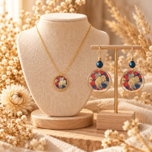 Parure ginkgo rouge et dorée : collier et boucles d'oreilles à sequin japonais rouge, bleu et or dans un cercle doré