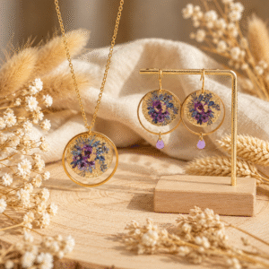Parure florale dorée sur lin chaleureux Parure violette dorée : collier et boucles d'oreilles à médaillon japonais fleuri et goutte lavande