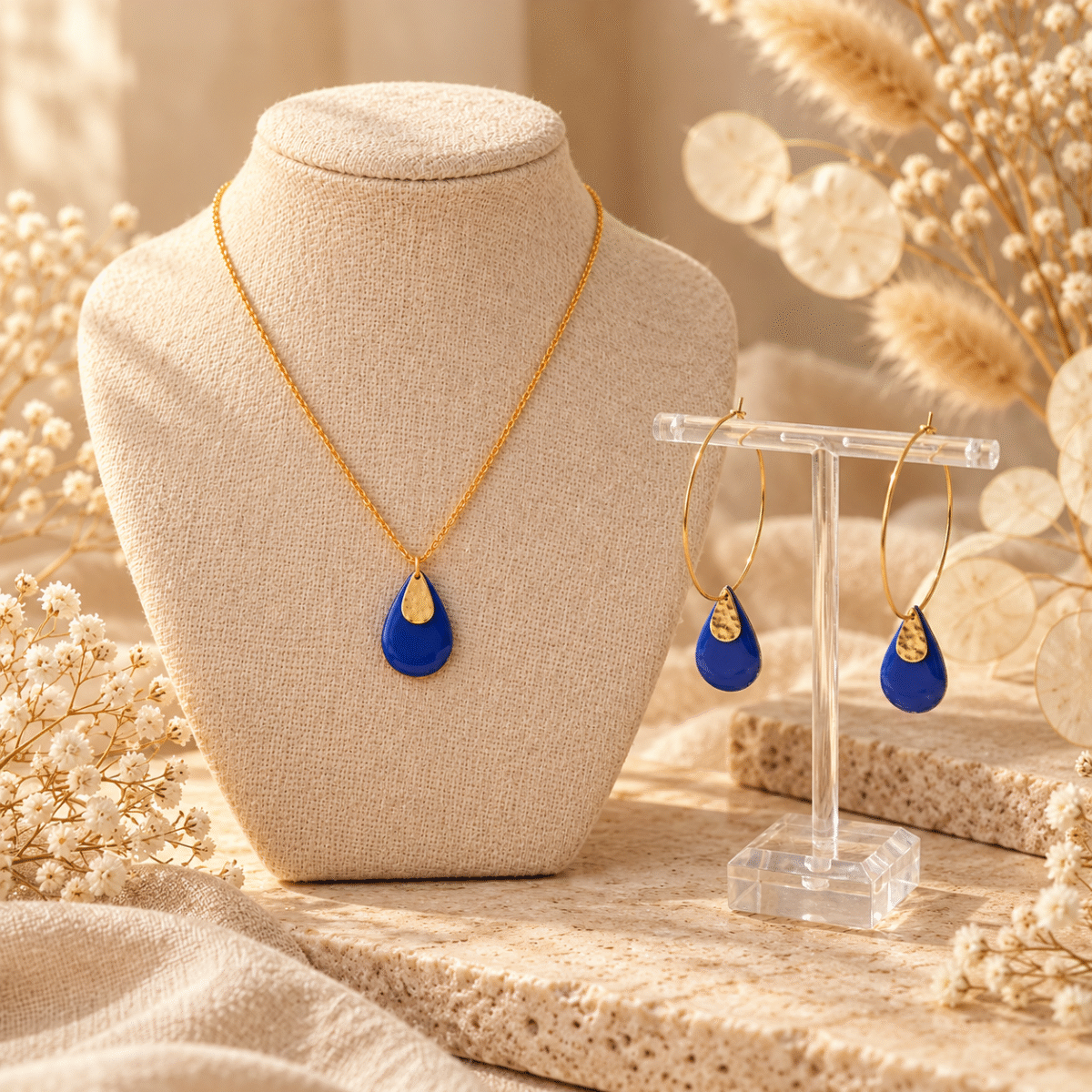 Parure bleu roi : collier goutte émaillée et boucles d'oreilles bleues créoles dorées