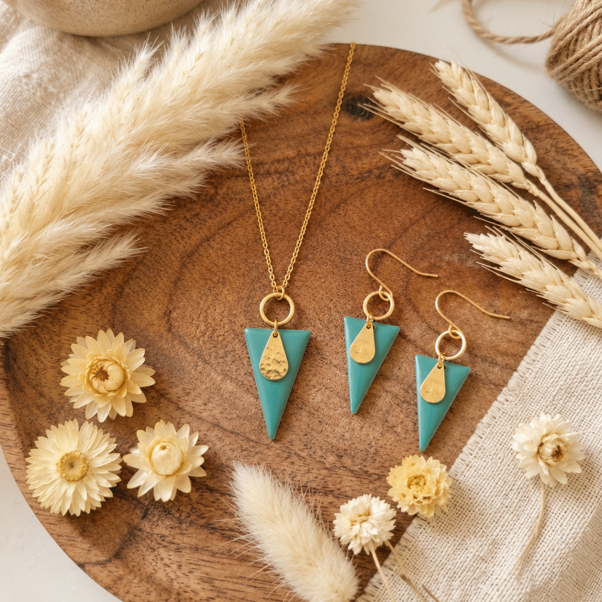 Parure triangle vert dorée : collier et boucles d'oreilles en émail vert d'eau, pépite dorée martelée