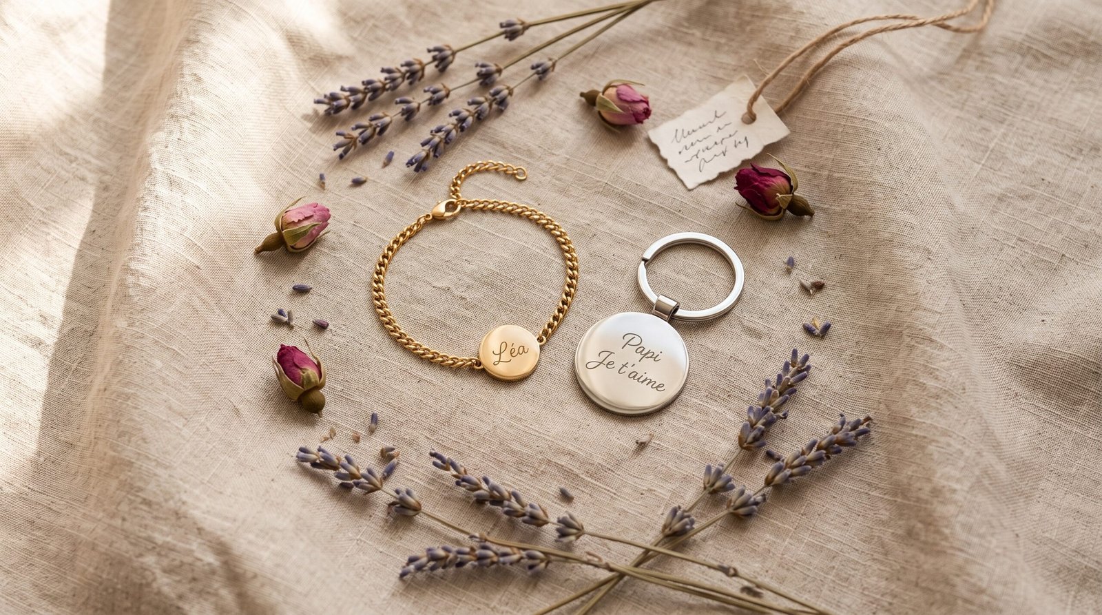 Phrase à graver sur un bracelet doré et un porte-clés argenté à médaille ronde, posés sur lin avec lavande séchée