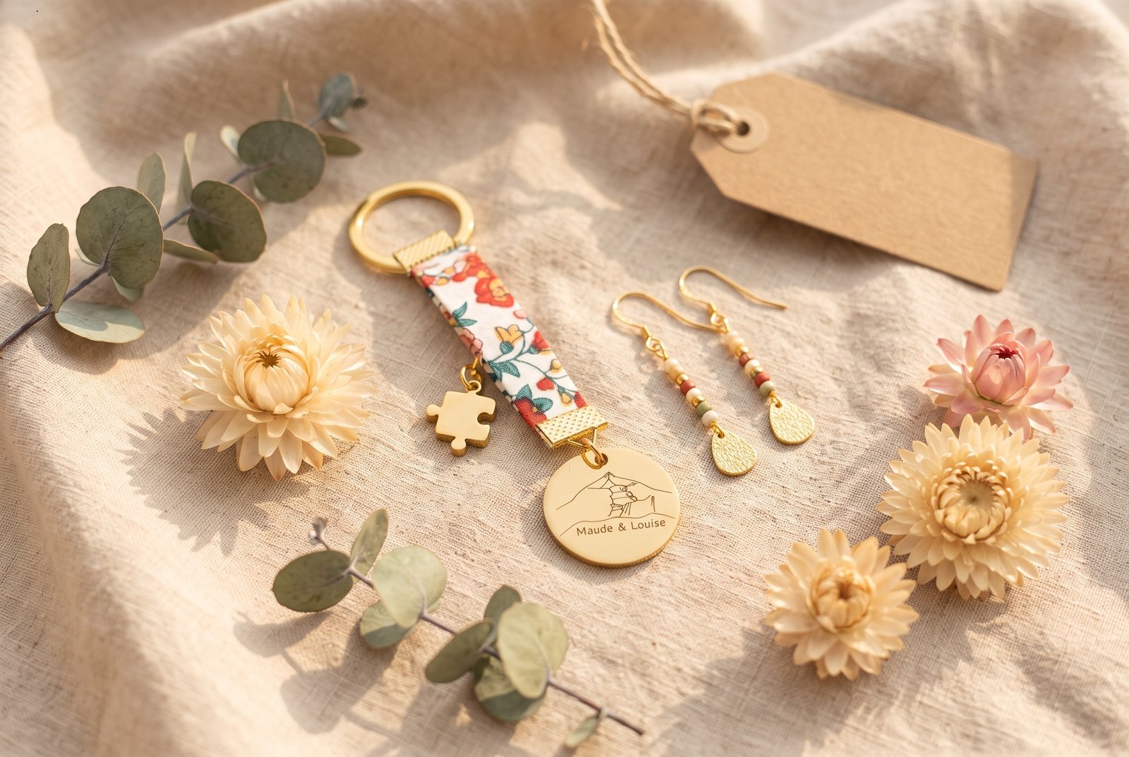 Porte-clés gravé et boucles d’oreilles dorées posés sur du lin