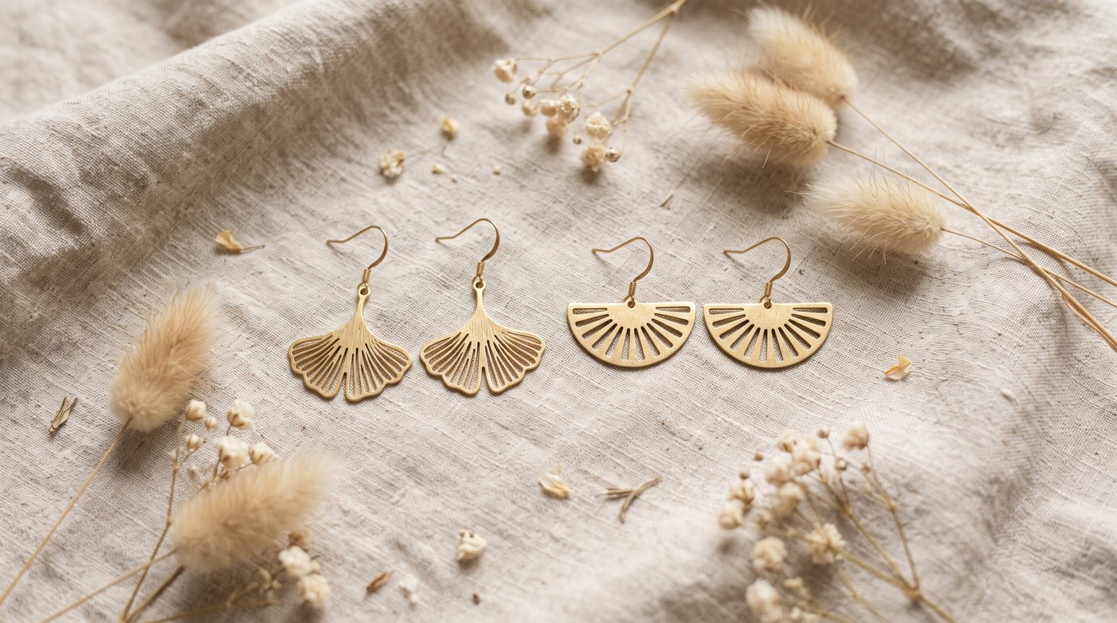 Boucles d’oreilles en laiton doré posées sur du lin