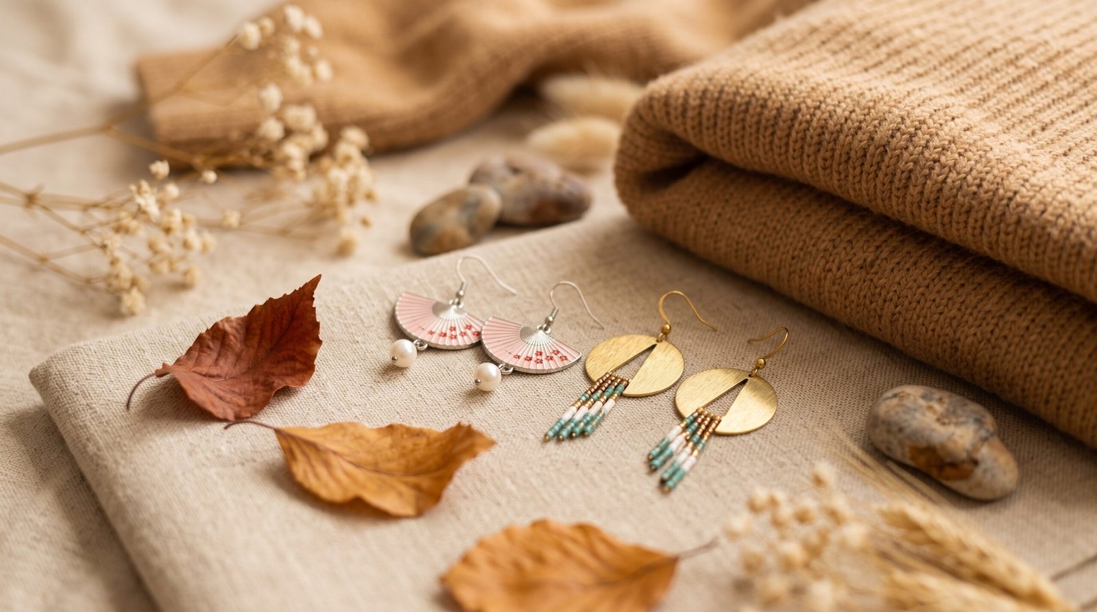 Bijoux tendance de l'automne-hiver : boucles d'oreilles bohèmes à franges et boucles argentées sur un pull en maille