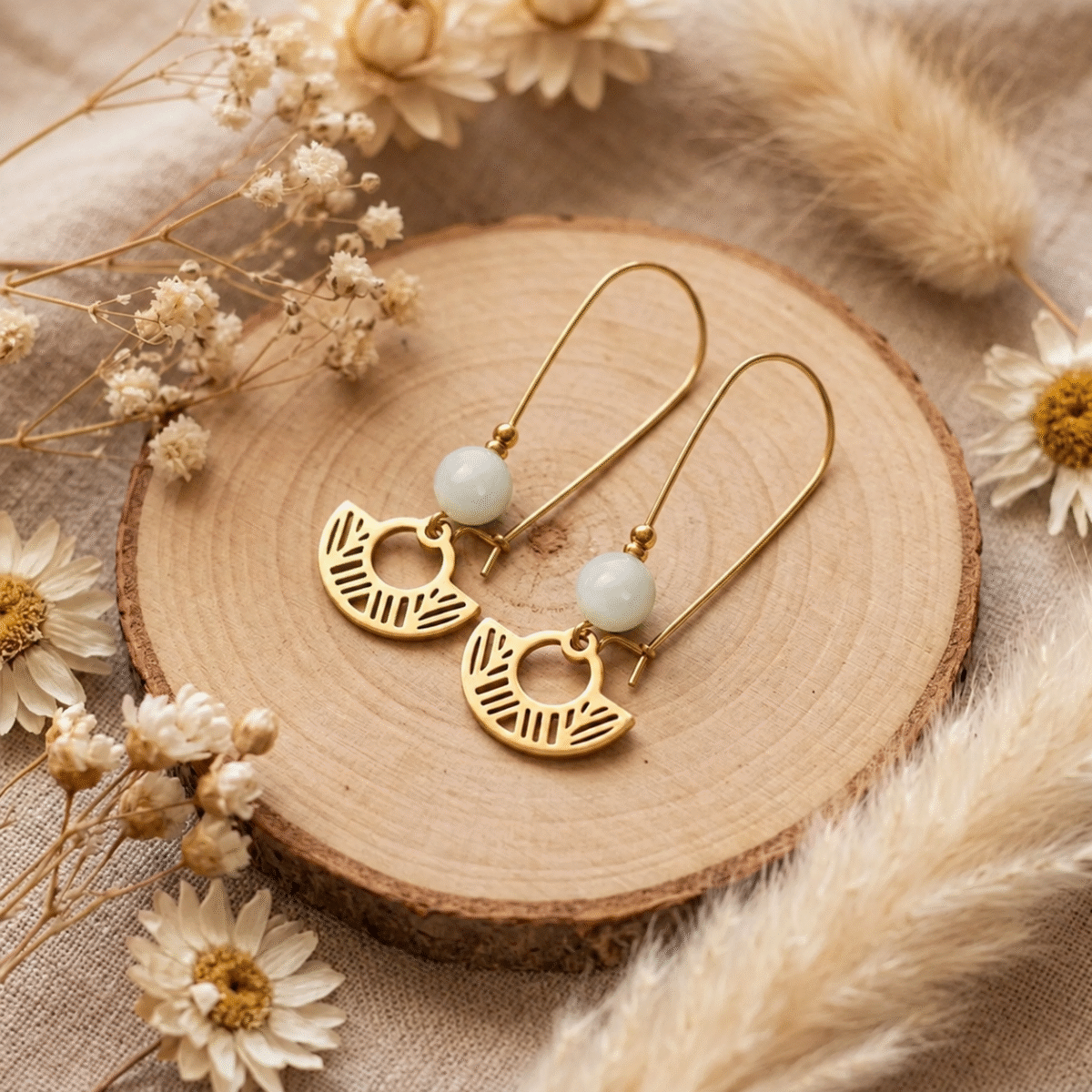 boucles d oreilles azteque blanches portées (2) Boucles d'oreilles éventail dorées et perle de trochus nacrée