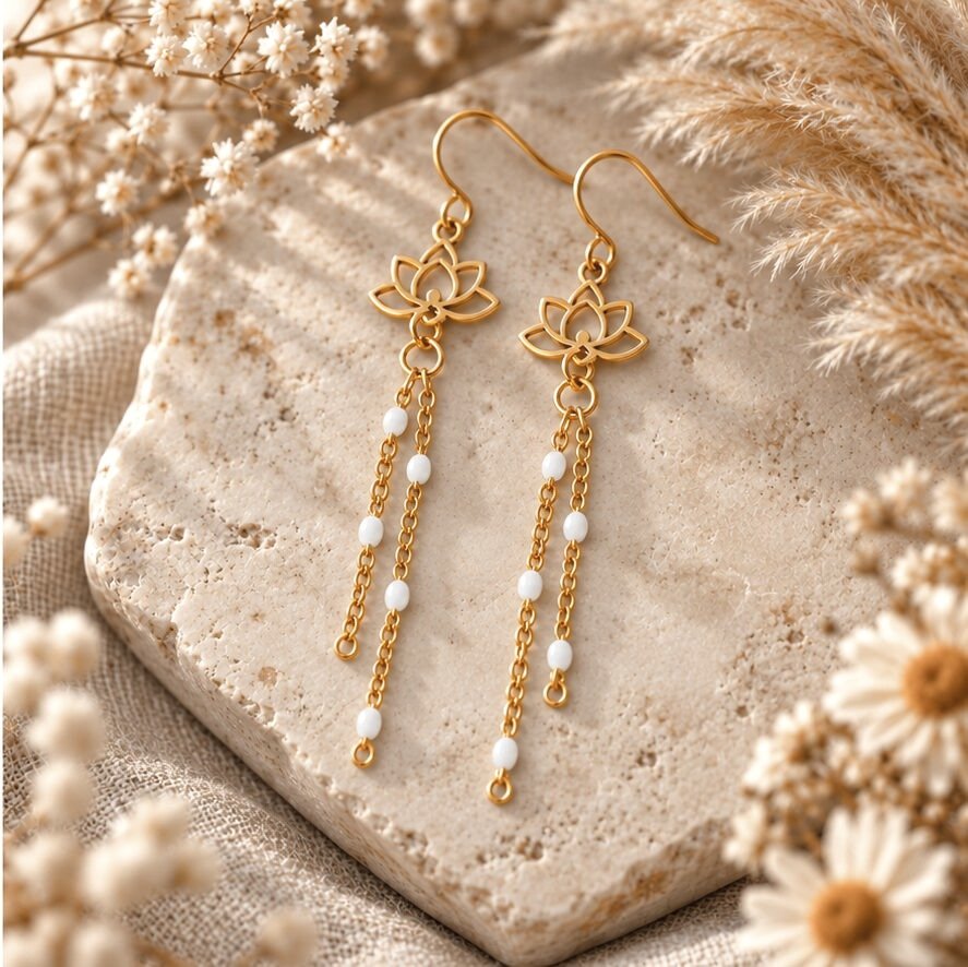 Boucles d'oreilles lotus dorées à chaînes perlées blanches
