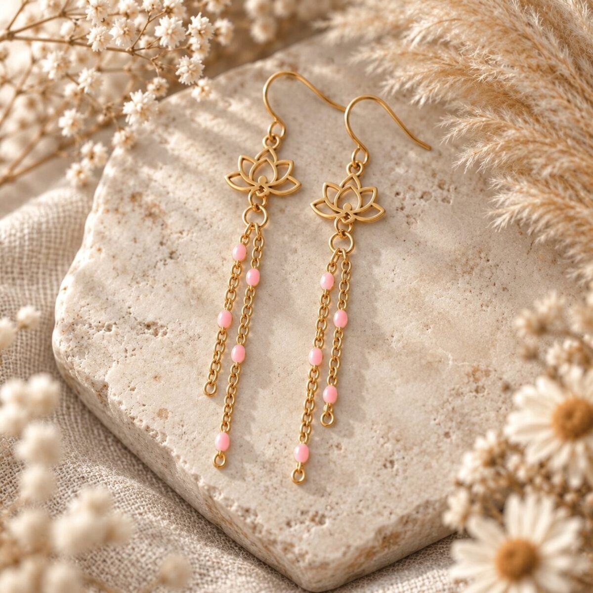 Boucles d'oreilles lotus dorées à chaînes perlées roses