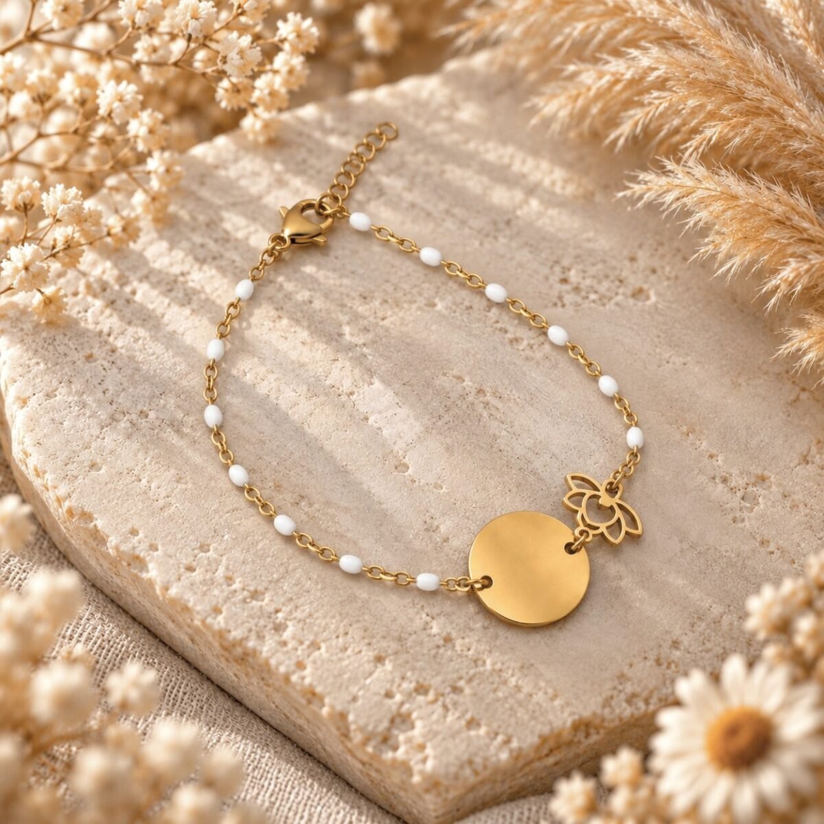 Bracelet lotus doré à chaîne perlée blanche et médaille ronde à graver