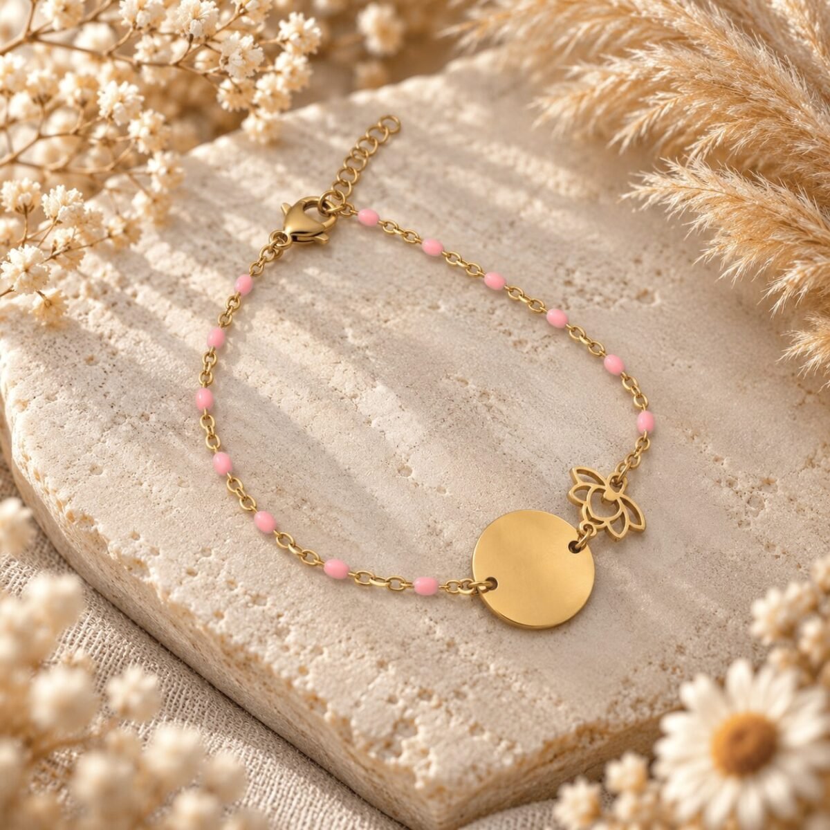 Bracelet lotus doré à chaîne perlée rose et médaille ronde à graver