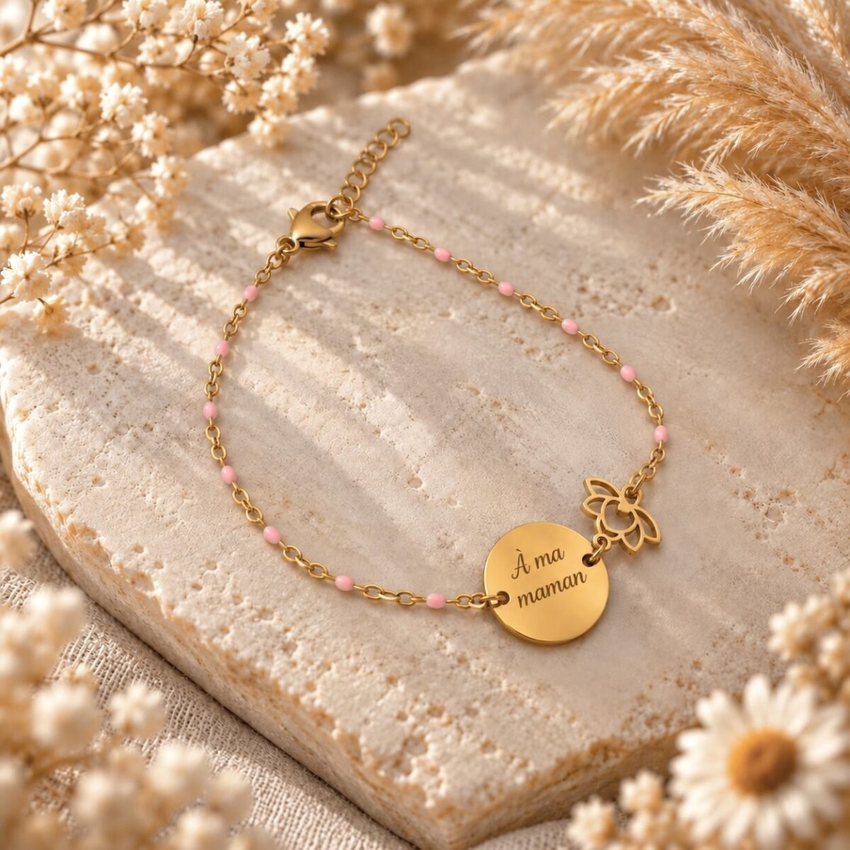 bracelet-lotus-grave-a-ma-maman-perles-roses Bracelet lotus à chaîne perlée rose, médaille gravée « À ma maman »