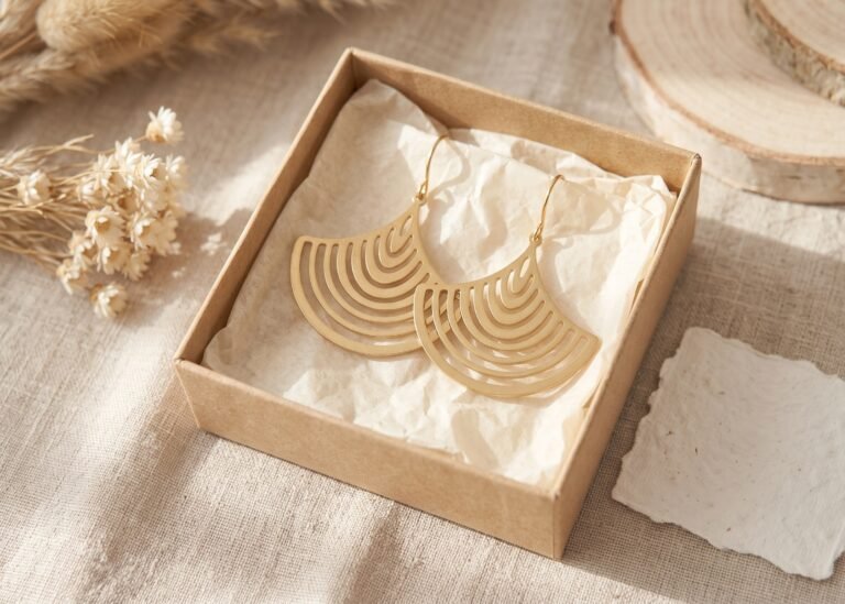 cadeau-pour-sa-copine-boucles-oreilles-ginkgo.jpg. Texte alternatif : Boucles d'oreilles ginkgo dorées dans une boîte cadeau, idée de cadeau pour sa copine