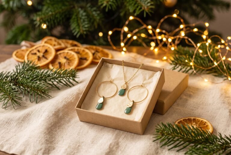 Parure dorée vert sapin dans une boîte cadeau au pied du sapin, idée de cadeau de Noël pour maman
