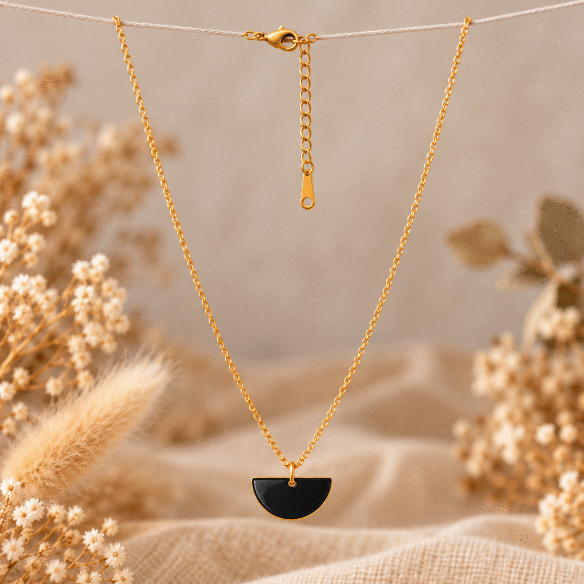 Collier demi-lune noire sur chaîne dorée en acier inoxydable, assorti aux boucles d'oreilles lune