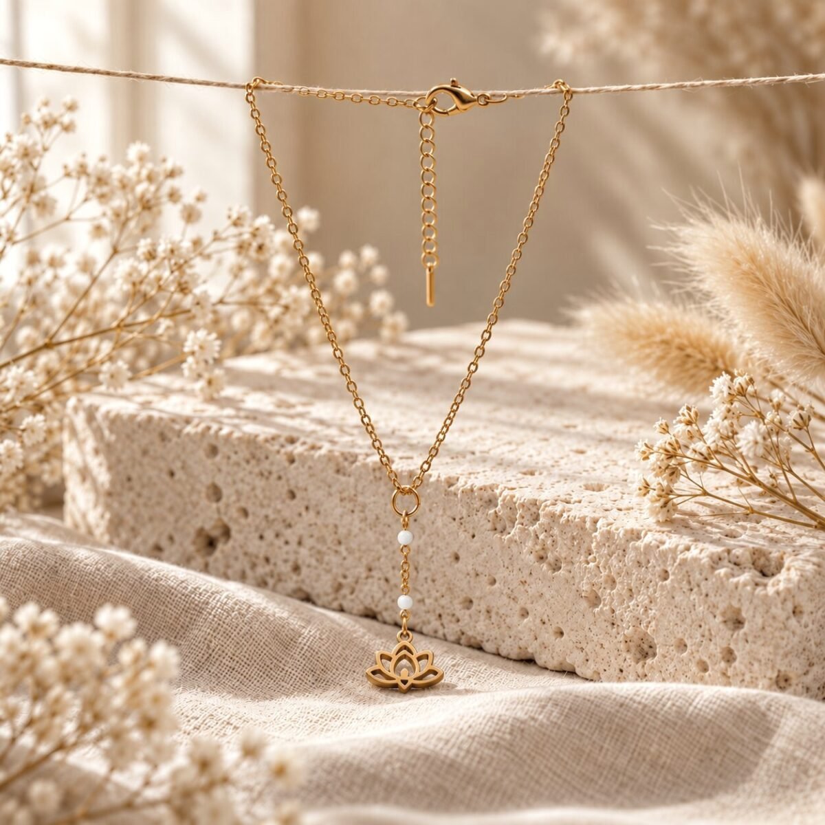 Collier en Y lotus doré à chaîne perlée blanche