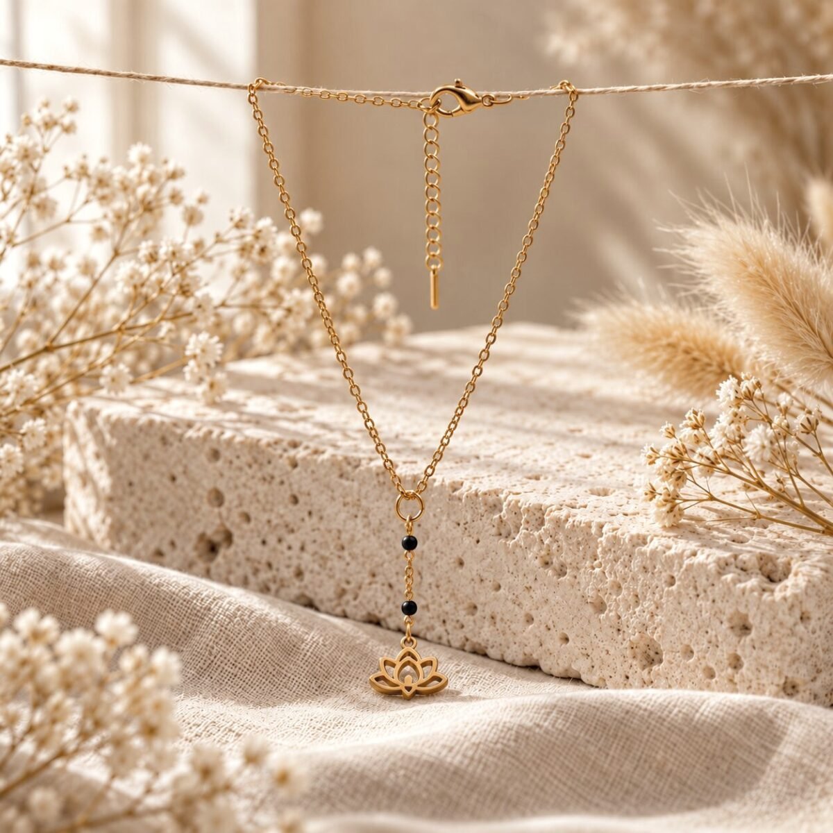 Collier en Y lotus doré à chaîne perlée noire