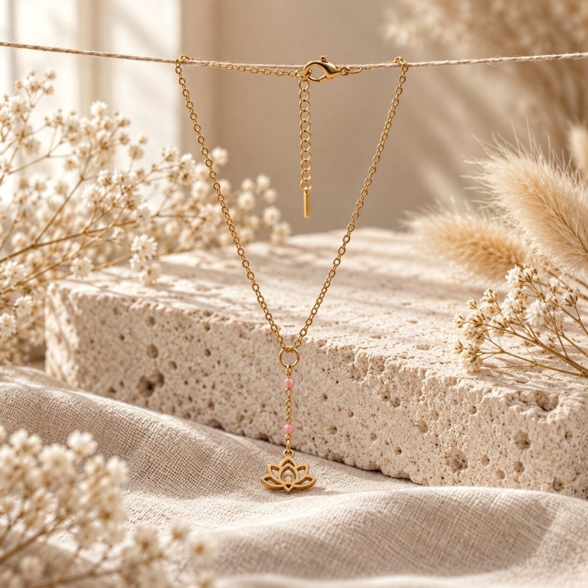 Collier en Y lotus doré à chaîne perlée rose