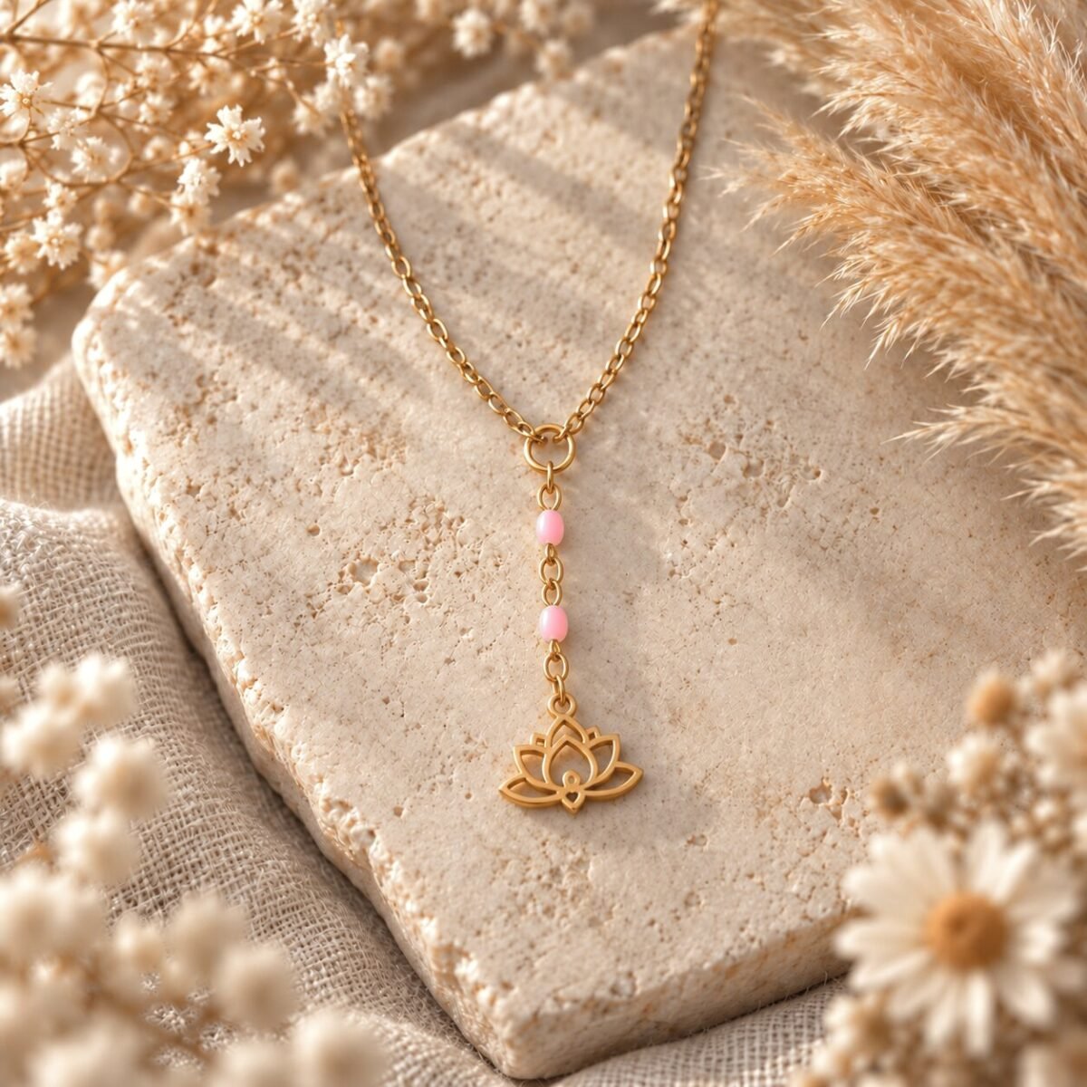 Collier en Y lotus à perles roses posé à plat