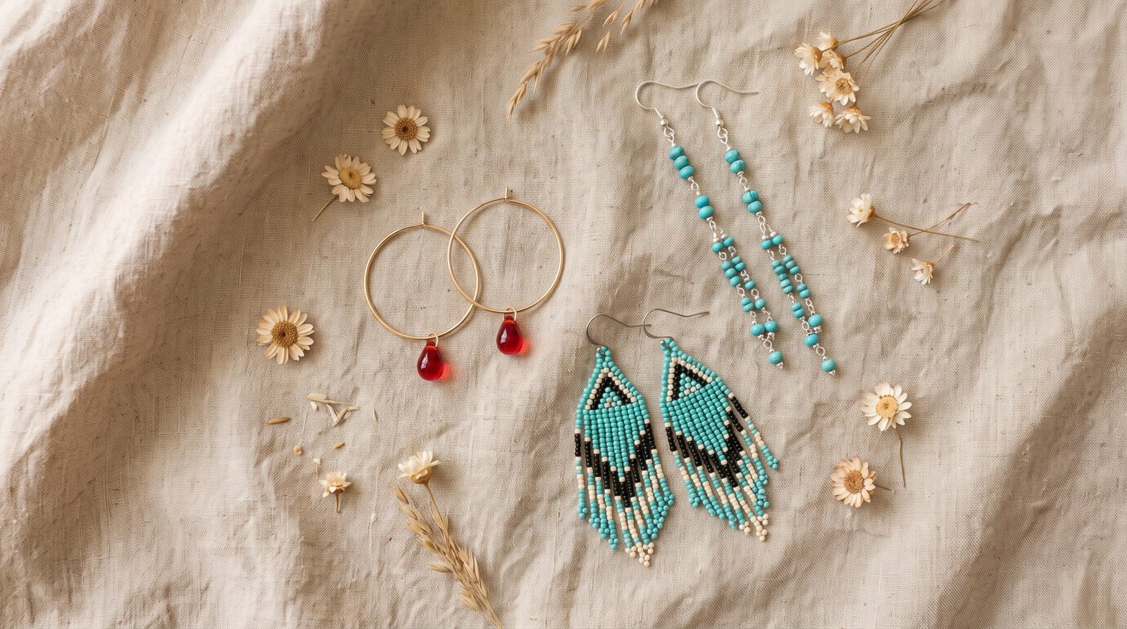 Types de boucles d'oreilles faites main : créoles dorées, pendantes argentées et franges en perles Miyuki
