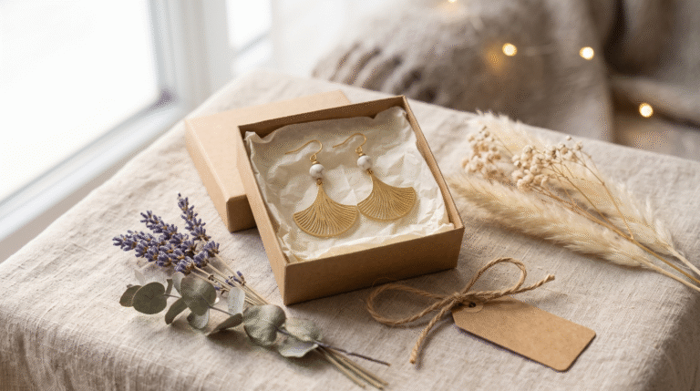 Trois paires de boucles d'oreilles faites main dans des boîtes en kraft, idées de cadeau Secret Santa