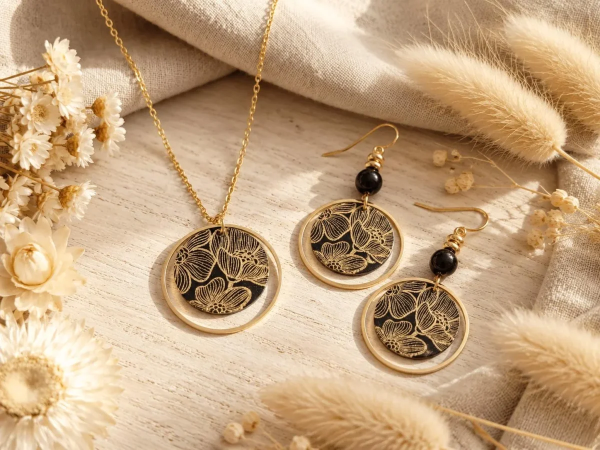 Parure japonaise noire et dorée : collier et boucles d'oreilles à fleurs dorées et perle d'hématite noire