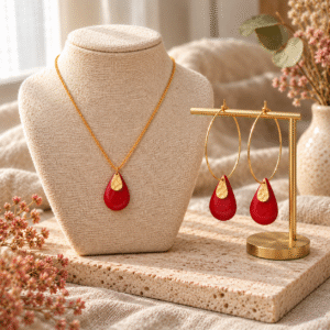 Parure goutte rouge : collier et créoles avec pendentif goutte émaillée rouge et détail martelé doré