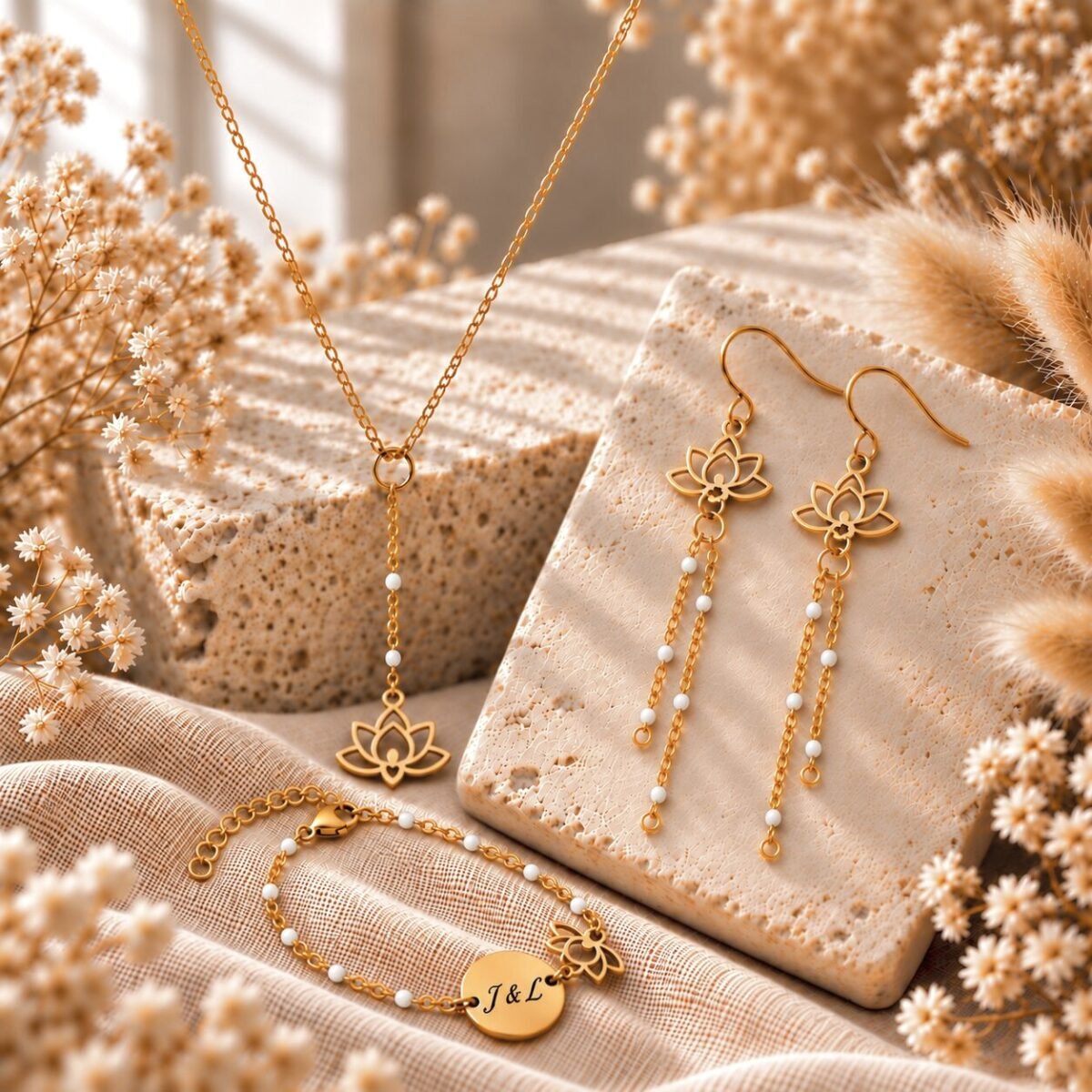 parure-lotus-doree-perles-blanches Parure lotus dorée à perles blanches : collier en Y, boucles d'oreilles et bracelet gravé