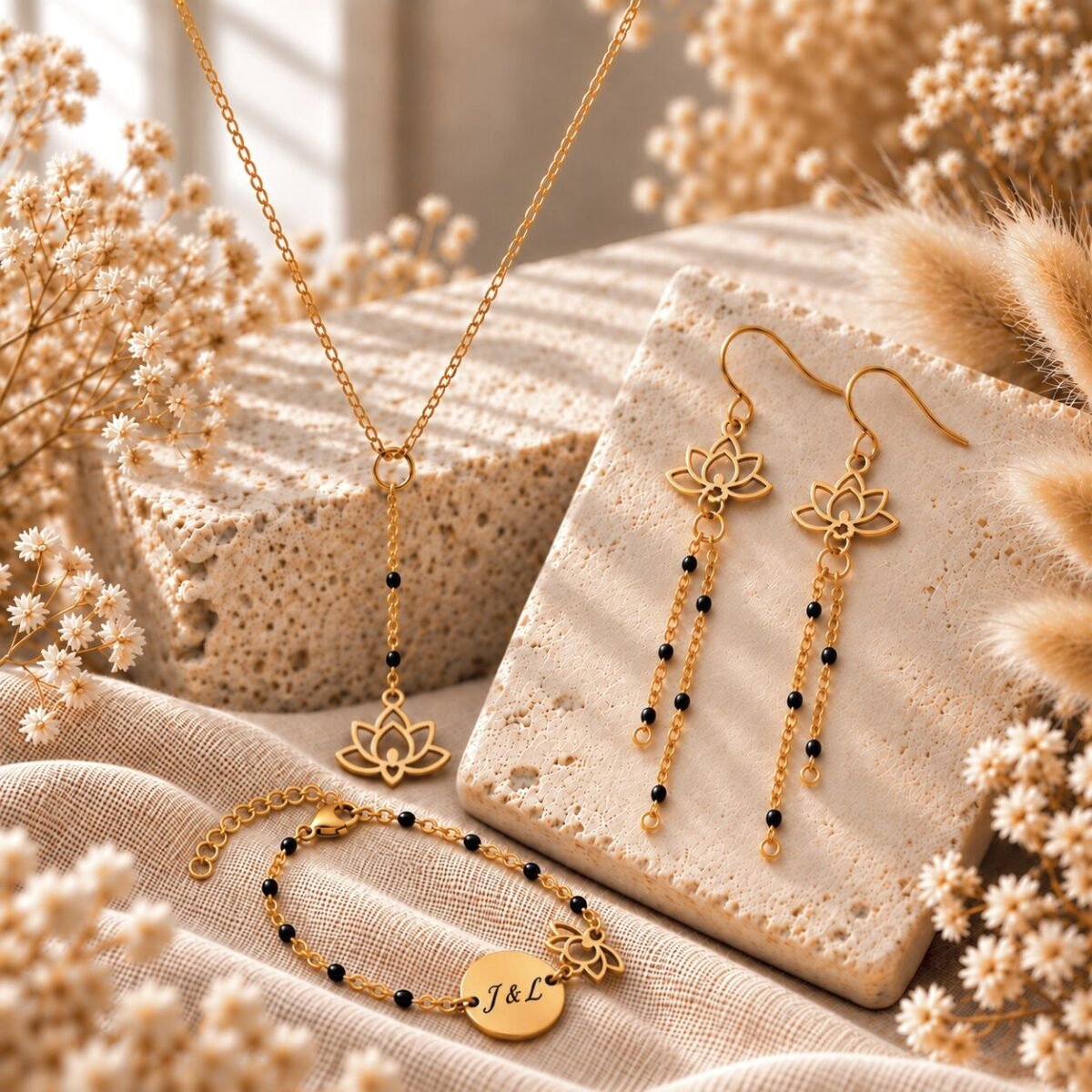 parure-lotus-doree-perles-noires Bijoux lotus dorés à perles noires : collier en Y, boucles d'oreilles et bracelet gravé