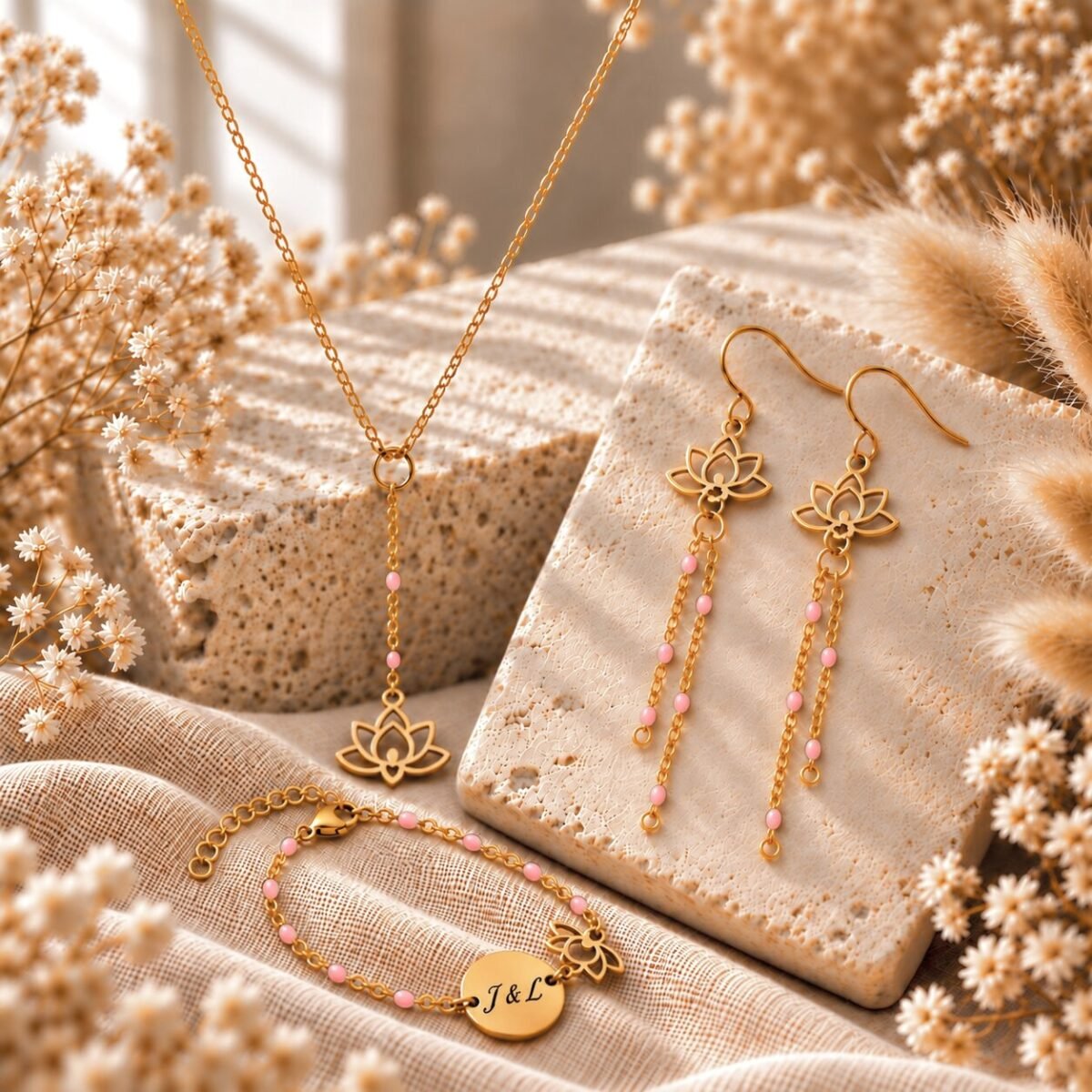 parure-lotus-doree-perles-roses Parure lotus dorée à perles roses : collier en Y, boucles d'oreilles et bracelet gravé