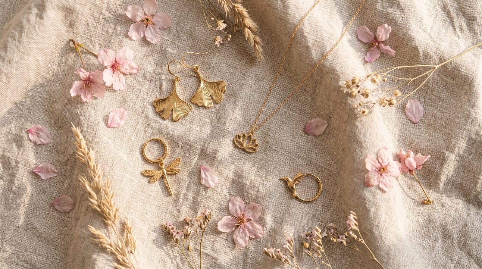 Bijou porte-bonheur : boucles d’oreilles ginkgo, créoles libellule et colibri, collier lotus dorés sur lin