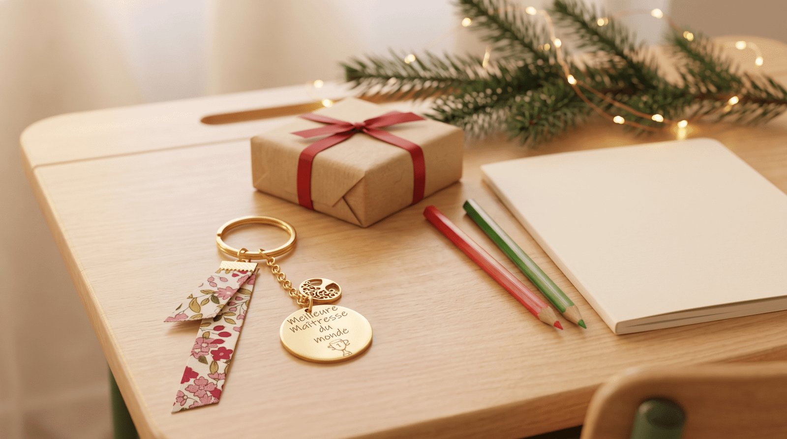 Porte-clés gravé au prénom de l'enfant, cadeau maîtresse de Noël